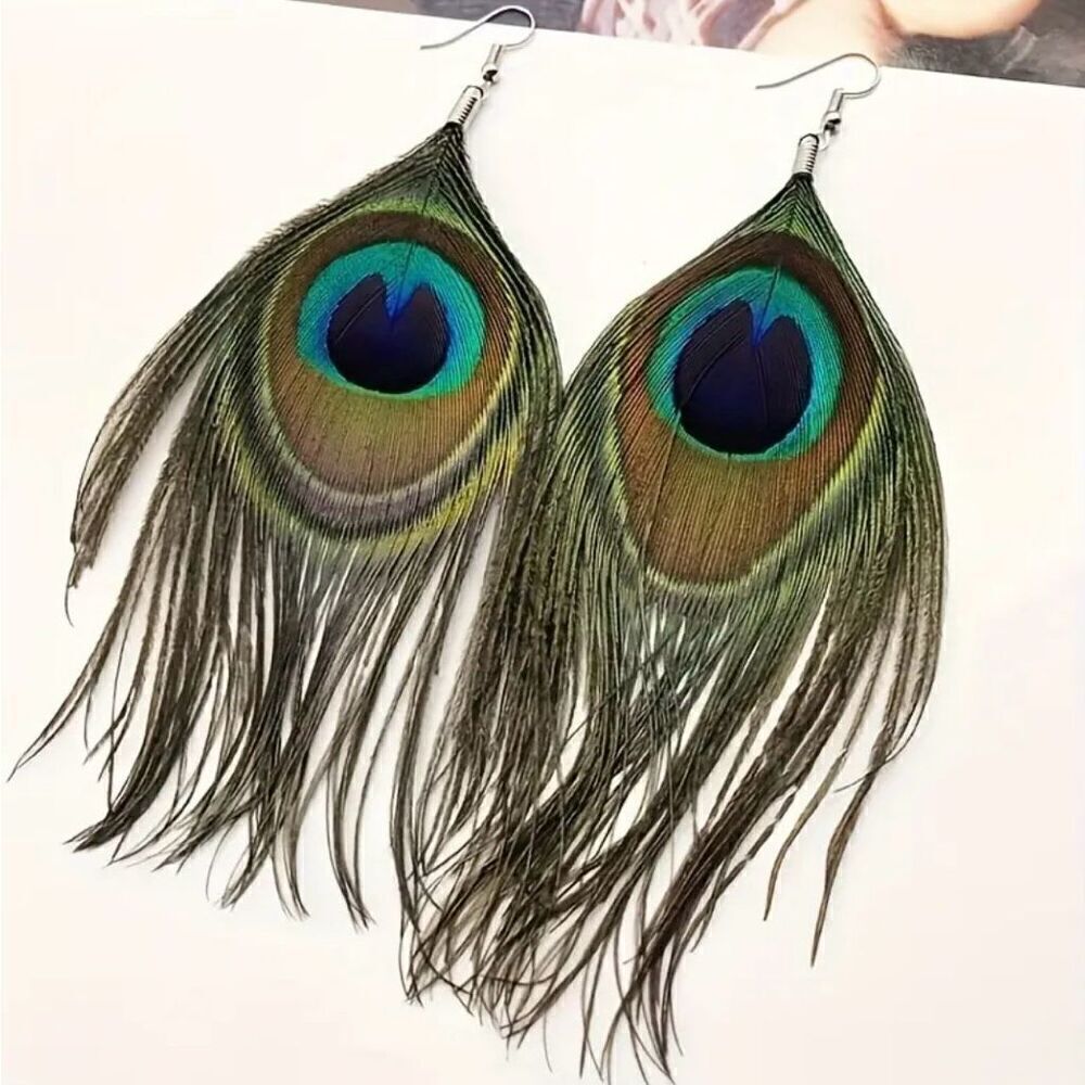 Boho Chic Peacock Feather Dangle Silver Earrings Vintage Style for Women New